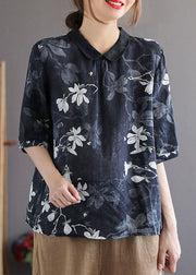 Navy Print Patchwork Cotton Shirts Peter Pan Collar Wrinkled Summer