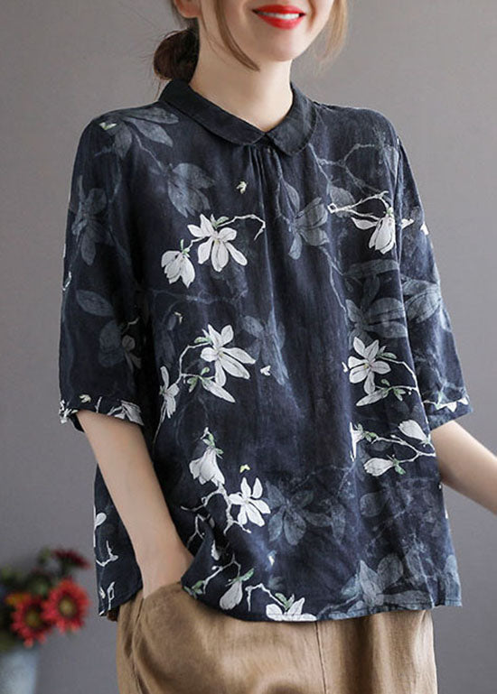 Navy Print Patchwork Cotton Shirts Peter Pan Collar Wrinkled Summer