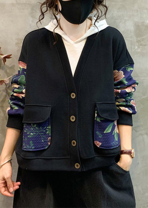 Navy Print Patchwork Warm Fleece Coat V Neck Long Sleeve