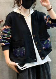 Navy Print Patchwork Warm Fleece Coat V Neck Long Sleeve