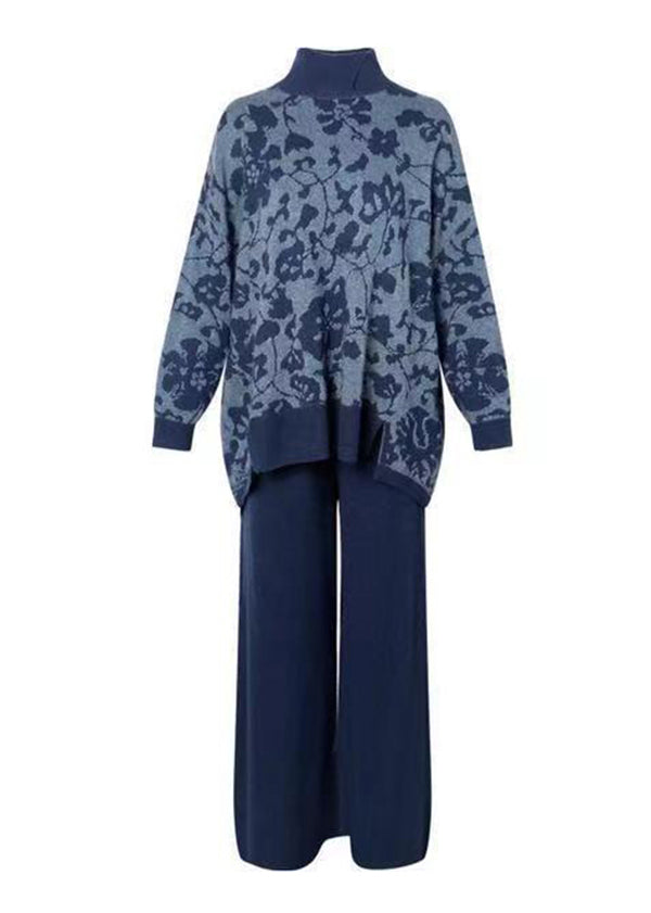 Navy Print Patchwork Woolen Two Piece Suit Set Asymmetrical Fall