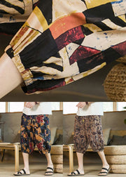 Navy Print Pockets Cotton Men Crop Pants Elastic Waist Summer