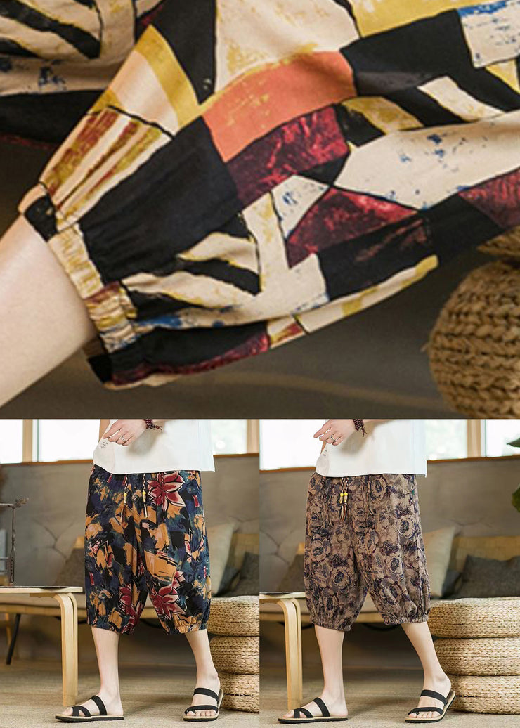Navy Print Pockets Cotton Men Crop Pants Elastic Waist Summer