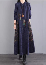 Navy Print Pockets Patchwork Cotton Long Dress Stand Collar Fall