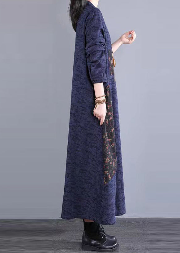 Navy Print Pockets Patchwork Cotton Long Dress Stand Collar Fall