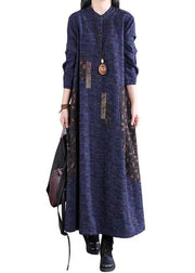 Navy Print Pockets Patchwork Cotton Long Dress Stand Collar Fall