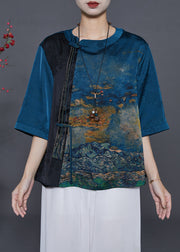 Navy Print Silk Oriental Shirt Tops Tasseled Summer