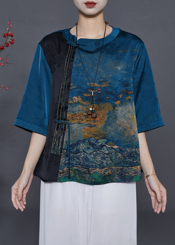 Navy Print Silk Oriental Shirt Tops Tasseled Summer