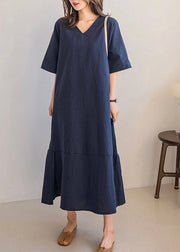 Navy Side Open Solid Long Dresses Short Sleeve