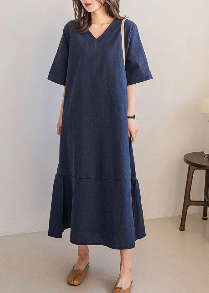 Navy Side Open Solid Long Dresses Short Sleeve