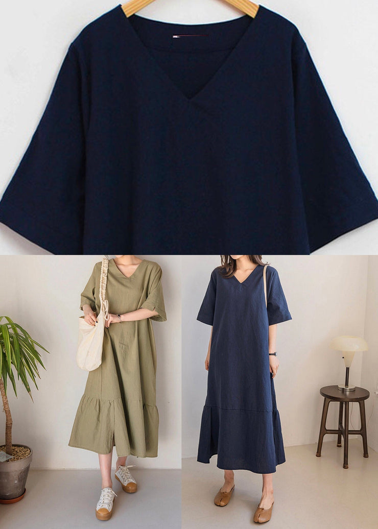 Navy Side Open Solid Long Dresses Short Sleeve