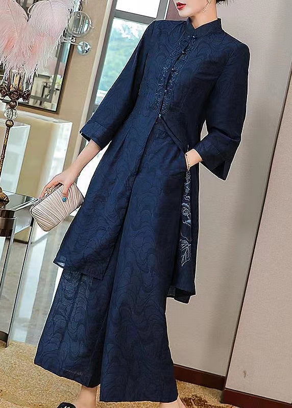 Navy Silk Two Pieces Set Embroideried Stand Collar Button Fall