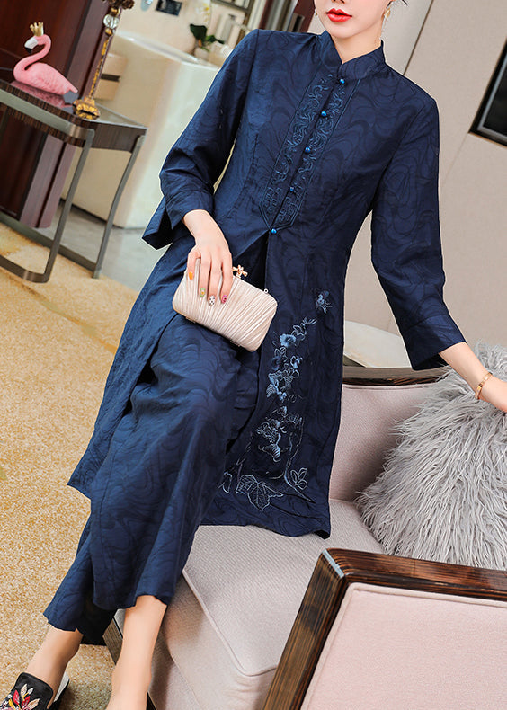 Navy Silk Two Pieces Set Embroideried Stand Collar Button Fall