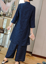 Navy Silk Two Pieces Set Embroideried Stand Collar Button Fall