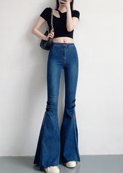 Navy Silm Fit Denim Bell-bottom Trousers Chinese Button Side Open Spring