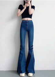 Navy Silm Fit Denim Bell-bottom Trousers Chinese Button Side Open Spring