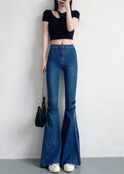 Navy Silm Fit Denim Bell-bottom Trousers Chinese Button Side Open Spring