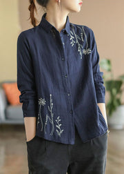 Navy Slim Fit Cotton Shirt Turn-down Collar Embroideried Spring