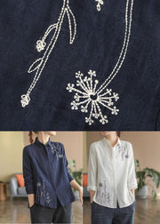 Navy Slim Fit Cotton Shirt Turn-down Collar Embroideried Spring