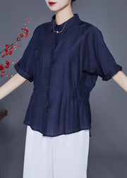 Navy Slim Fit Silk Blouse Tops Peter Pan Collar Wrinkled Summer