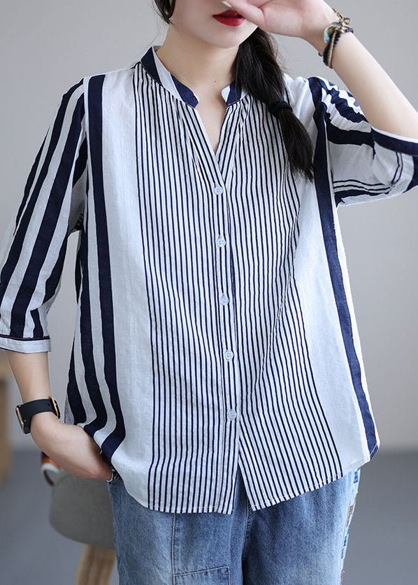 Navy Striped Cotton Shirt Tops Stand Collar Bracelet Sleeve