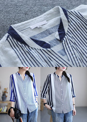 Navy Striped Cotton Shirt Tops Stand Collar Bracelet Sleeve