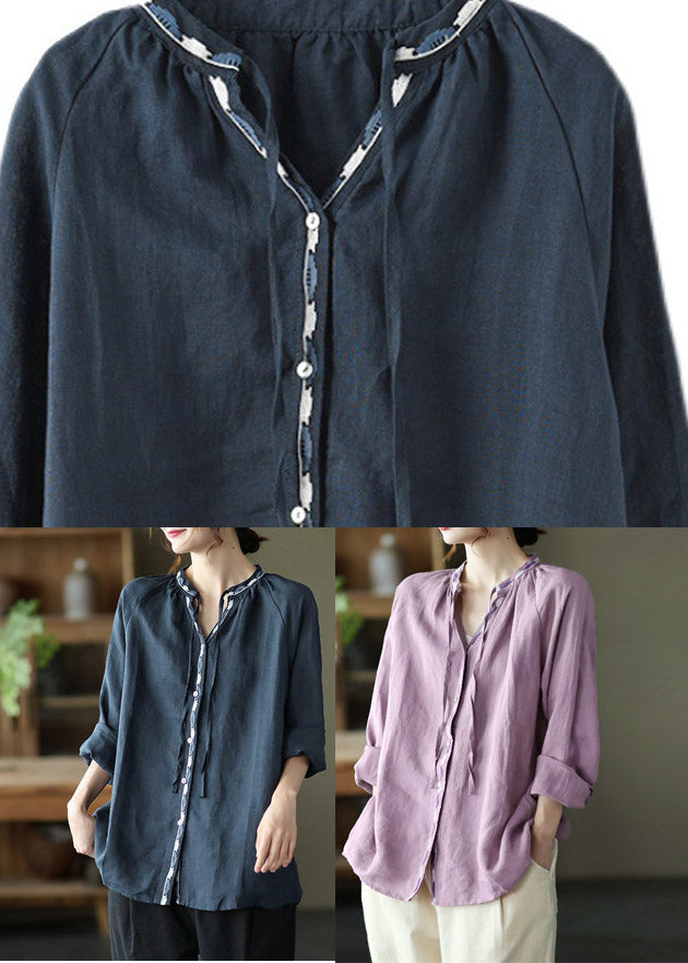 Navy V Neck Button Linen Shirt Long Sleeve