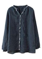 Navy V Neck Button Linen Shirt Long Sleeve