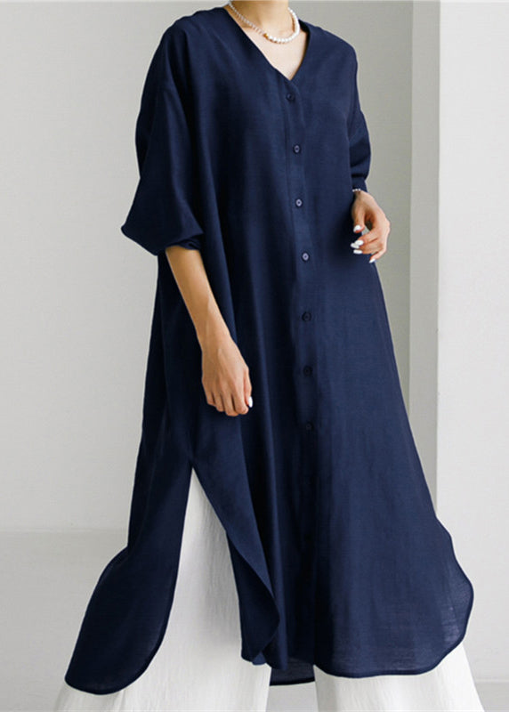 Navy V Neck Side Open Maxi Dresses Long Sleeve