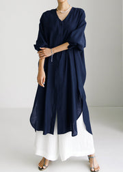 Navy V Neck Side Open Maxi Dresses Long Sleeve