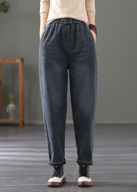 Navy Warm Fleece Denim Harem Pants Elastic Waist Spring