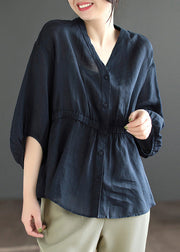 Navy Wrinkled Patchwork Linen Shirt V Neck Bracelet Sleeve