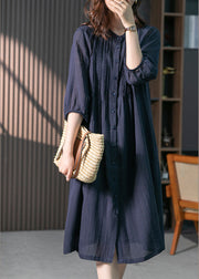 Navy Wrinkled Solid Linen Long Dresses Long Sleeve