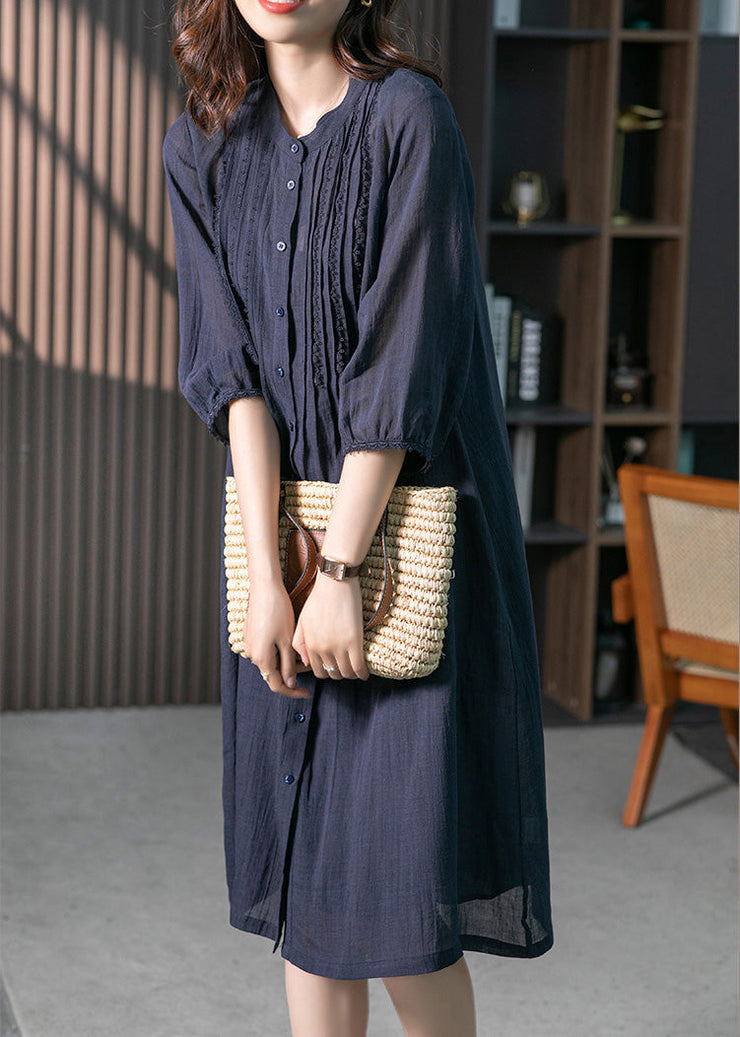 Navy Wrinkled Solid Linen Long Dresses Long Sleeve