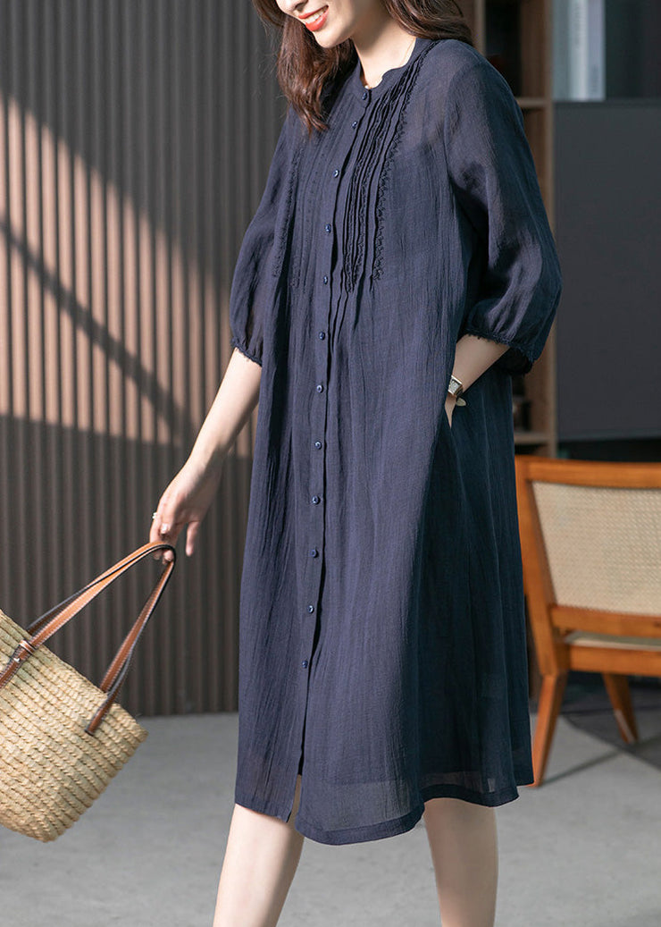 Navy Wrinkled Solid Linen Long Dresses Long Sleeve