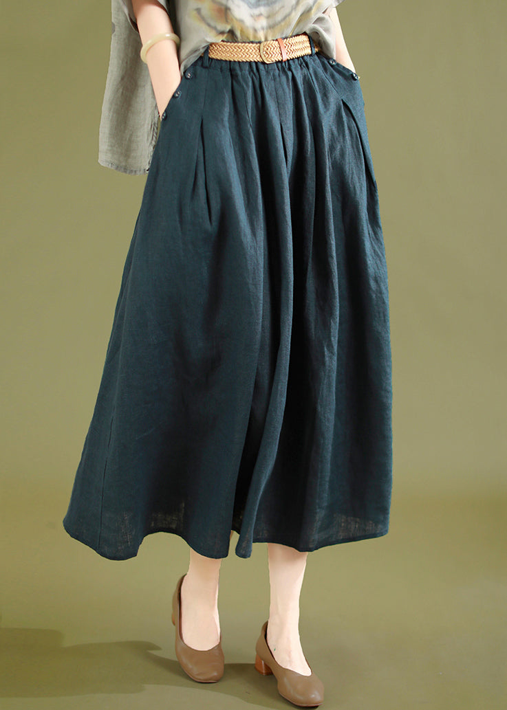 Navy Wrinkled Solid Linen Skirts Elastic Waist Summer