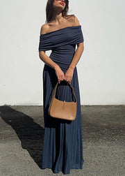 Navy Wrinkled Solid Long Dresses Slash Neck Summer