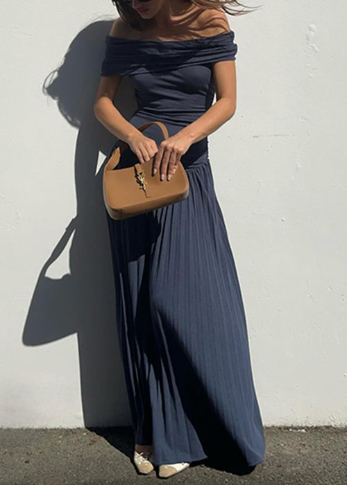 Navy Wrinkled Solid Long Dresses Slash Neck Summer