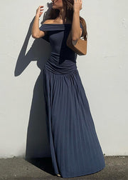 Navy Wrinkled Solid Long Dresses Slash Neck Summer