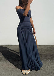 Navy Wrinkled Solid Long Dresses Slash Neck Summer