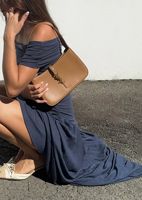 Navy Wrinkled Solid Long Dresses Slash Neck Summer