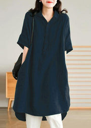 Jade dark blue stripes polka dots Linen Women Casual Linen Shirt Dress
