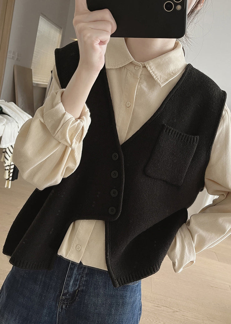 New Apricot Asymmetrical Button Patchwork Cotton Knit Waistcoat Sleeveless