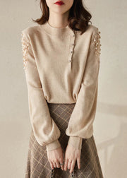 New Apricot O Neck Hollow Out Knit Sweaters Spring