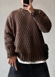 New Apricot O Neck Plaid Hole Knit Mens Sweaters Spring