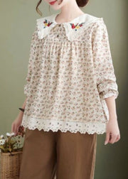 New Apricot Peter Pan Collar Print Cotton T Shirt Spring