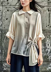 New Apricot Peter Pan Collar Wrinkled Cotton Shirt Half Sleeve