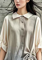 New Apricot Peter Pan Collar Wrinkled Cotton Shirt Half Sleeve