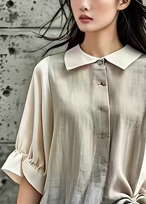 New Apricot Peter Pan Collar Wrinkled Cotton Shirt Half Sleeve