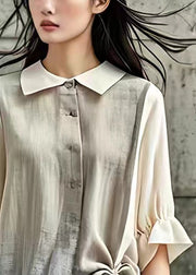 New Apricot Peter Pan Collar Wrinkled Cotton Shirt Half Sleeve